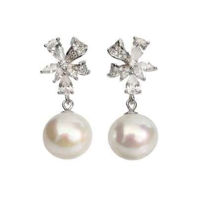 Approx. 10.0 mm, Edison Pearl, Flower CZ Paved Dangle Pearl Stud Earrings
