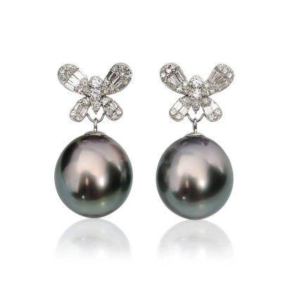 10.9 mm and 11.0 mm, Tahitian Pearl, Butterfly Diamond Paved Dangle Pearl Stud Earrings