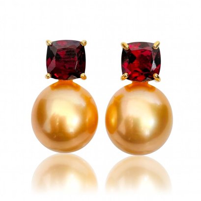 Approx. 11.0 - 12.0 mm, Gold South Sea Pearl, Garnet Dot Pearl Stud Earrings