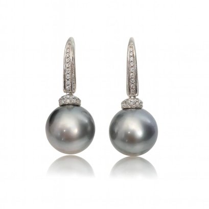 Approx. 10.5 -11.0 mm, Tahitian Pearl, Fish Hooks CZ Paved Dangle Pearl Earrings
