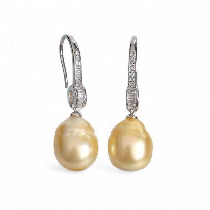 Approx. 10.0 - 11.0 mm, Gold South Sea Pearl, Fish Hooks Front CZ Paved Dangle Pearl Earrings