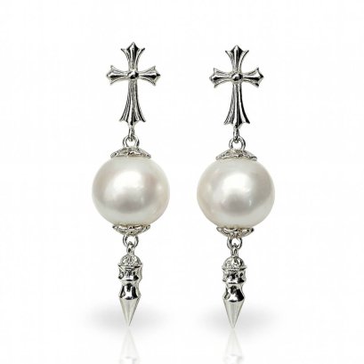Approx. 11.0 -11.5 mm, Edison Pearl, Cross Heavy Metal Rock Star Pearl Stud Earrings