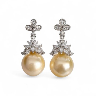 Approx. 10.5 mm, Gold South Sea Pearl, Cluster CZ Dangle Pearl Stud Earrings