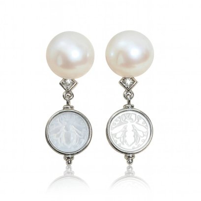 Approx. 9.8 - 10.0 mm, Edison Pearl, Stud Earrings with Mother of Pearl (MOP) Bee Jacket