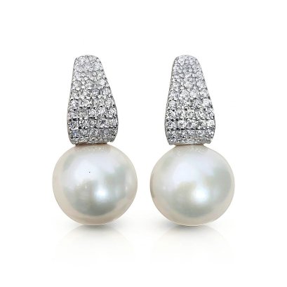 Approx. 9.9 - 10.0 mm, Edison Pearl, Sail CZ Paved Pearl Stud Earrings