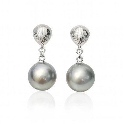 Approx. 10.0 mm, Tahitian Pearl, Pear Silver Dome Dangle Pearl Stud Earrings