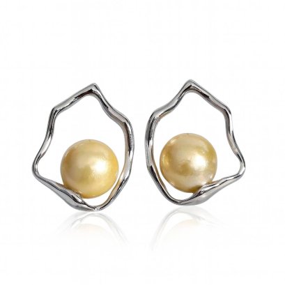 Approx. 10.0 mm, Gold South Sea Pearl, Freefrom Hoops Pearl Stud Earrings