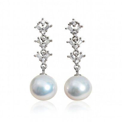 Approx. 10.5 - 10.6 mm, Edison Pearl, Triple V CZ Dangle Pearl Stud Earrings