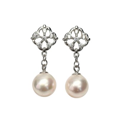 Approx. 8.1 - 8.2 mm, Akoya Pearl, Flower CZ Paved Dangle Pearl Stud Earrings