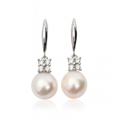 Approx. 8.5 mm, Akoya Pearl, Fish Hooks CZ Dot Dangle Pearl Earrings