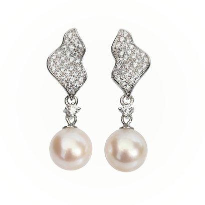 Approx. 8.0 mm, Akoya Pearl, CZ Paved Freeform Dangle Pearl Stud Earrings