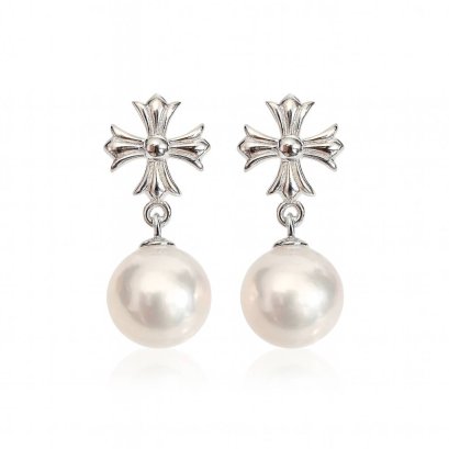 Approx. 8.5 mm, Akoya Pearl, Chrome Heart Dangle Pearl Stud Earrings