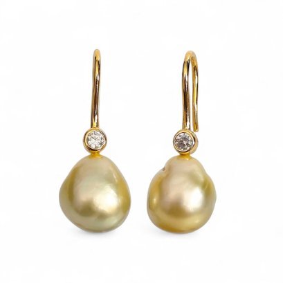 Approx. 10.0 - 10.8 mm, Gold South Sea Pearl, Fish Hooks CZ Dot Pearl Earrings