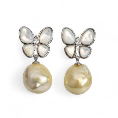 Approx. 10.0 - 11.0 mm, Gold South Sea Pearl, MOP Butterfly Dangle Pearl Stud Earrings