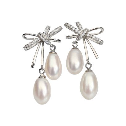 Approx. 6.5 mm, Frshwater Pearl, Double Dangle Pearl Bow Stud Earrings