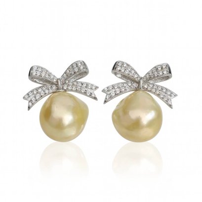 Approx. 10.5 -11.0 mm, Gold South Sea Pearl, Bow CZ Paved Pearl Stud Earrings
