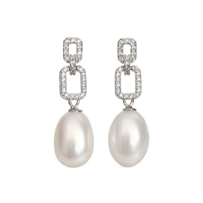 Approx. 8.5 mm, Freshwater Pearl, Link Chain CZ Paved Dangle Pearl Stud Earrings