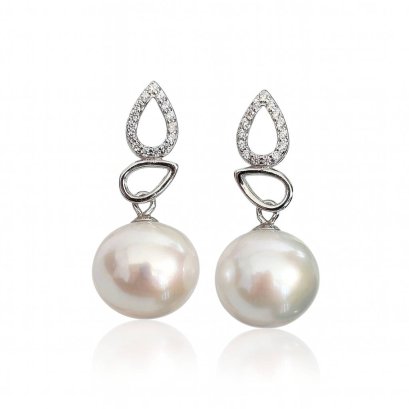 Approx. 11.0 mm, Edison Pearl, Double Drop Shape CZ Paved Pearl Stud Earrings