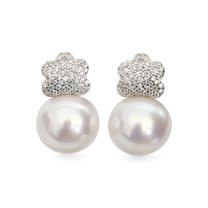 Approx. 10.5-11.0 mm, Edison Pearl, Freeform CZ Paved Pearl Stud Earrings