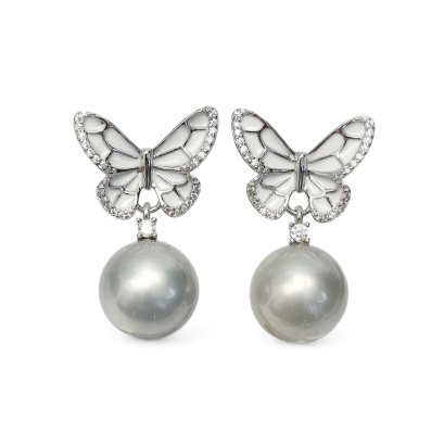 Approx. 11.1 mm, Tahitian Pearl, Butterfly Dangle Pearl Stud Earrings