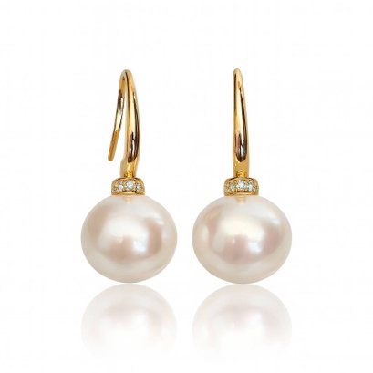 Approx. 11.0 mm, Edison Pearl, Fish Hook CZ Paved Cap Pearl Earrings