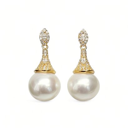 11.2 mm and 11.3 mm, Edison Pearl, CZ Paved Cone Pearl Stud Earrings