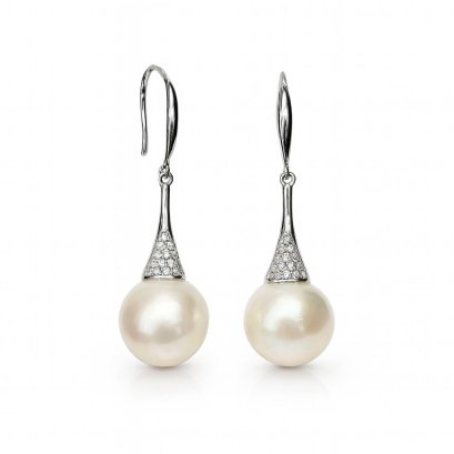 Approx. 10.0 - 11.0 mm, Edison Pearl, Fish Hooks CZ Paved Cone Pearl Earrings