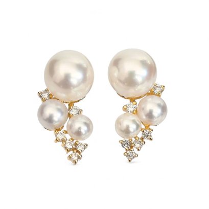 Approx. 3.0 mm - 6.0 mm, Akoya Pearl, Cluster Diamond Pearl Grapes Design Stud Earrings