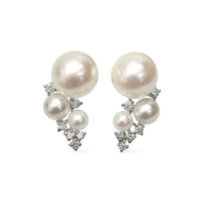 Approx. 3.0 mm - 6.0 mm, Akoya Pearl, Cluster Diamond Pearl Grapes Design Stud Earrings