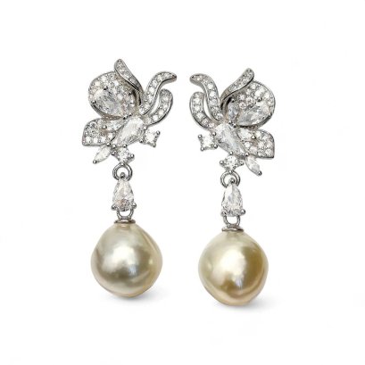 Approx. 9.5 mm, Gold South Sea Pearl, CZ Butterfly Dangle Pearl Stud Earrings
