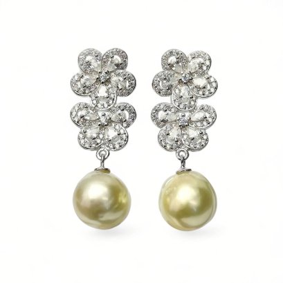 Approx. 10.5 mm, Gold South Sea Pearl, Twin Flower CZ Dangle Pearl Stud Earrings