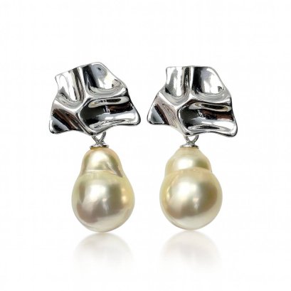 Approx. 9.5 mm, Gold South Sea Pearl, Free Form Plate Dangle Pearl Stud Earrings