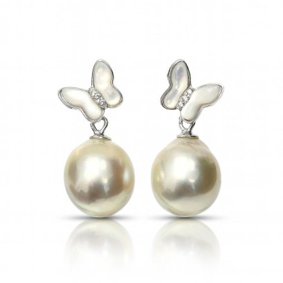 Approx. 9.0 mm, Gold South Sea Pearl, Butterfly Mother of Pearl (MOP) Dangle Pearl Stud Earrings