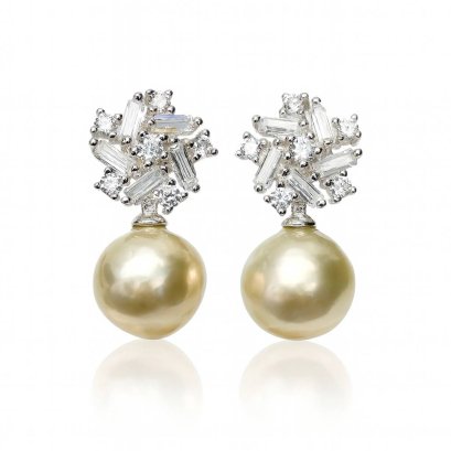Approx. 9.5 - 10.0 mm, Gold South Sea Pearl, Star Cluster CZ Pearl Stud Earrings