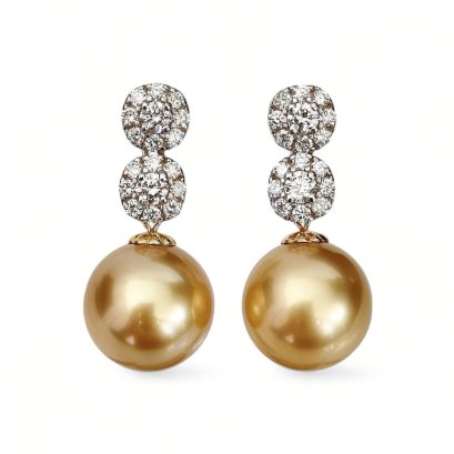 Approx. 12.0 mm, Amami Oshima, Aurora Chakin, Gold South Sea Pearl, Double Halo Diamond Dangle Pearl Stud Earrings