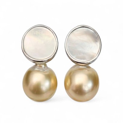 Approx. 10.5 mm, Gold South Sea Pearl, MOP Coin Dangle Pearl Stud Earrings