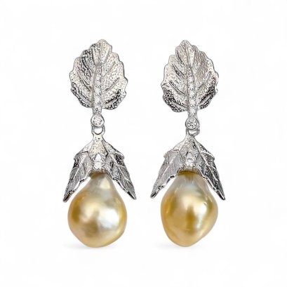 Approx. 10.0 - 10.5 mm, Gold South Sea Pearl, Leaves Dangle Pearl Stud Earrings