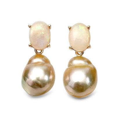Approx. 9.0 - 9.5 mm, Brown Sugar Lot, Gold South Sea Pearl, White Opal Stud Earrings with Dangle Pearl