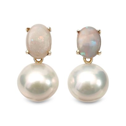 Approx. 10.0 mm, Edison Pearl, White Opal Stud Earrings with Dangle Pearl
