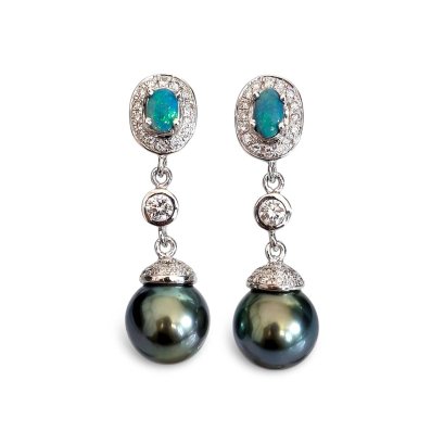 8.3 mm and 8.3 mm, Tahitian Pearl, Black Opal Stud Earrings with Dangle Pearl