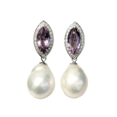 Approx. 11.0 - 13.0 mm, Freshwater Pearl, Marquise Amethyst Halo Moissanite Hook Dangle Pearl Stud Earrings
