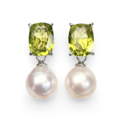 Approx. 8.0 mm, Akoya Pearl, Peridot Hook Dangle Pearl Stud Earrings