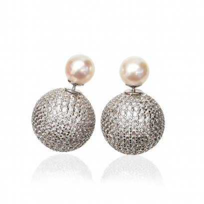 Approx. 6.5 - 7.0 mm, Akoya Pearl, Pearl  Front CZ Ball Back Stud Earrings