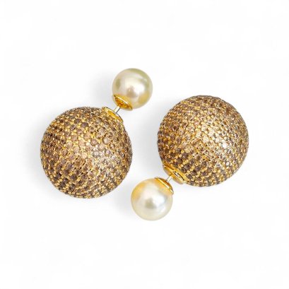 Approx. 7.0 mm, Moonlight Lot, Akoya Pearl, Pearl Front Disco Ball Back Double Stud Earrings
