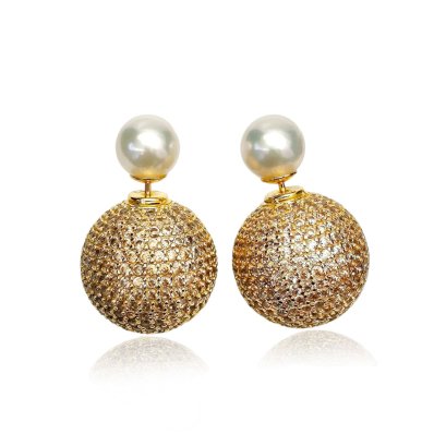 Approx. 6.5 - 7.0 mm, Akoya Pearl, Pearl  Front CZ Ball Back Stud Earrings