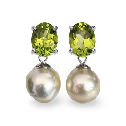 Approx. 9.0 - 9.5 mm, Brown Sugar Lot, Gold South Sea Pearl, Peridot Dot Stud Earring with Hook Dangle Pearl