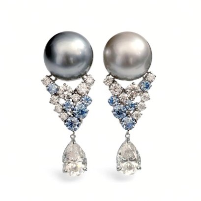 Approx. 13.8 - 14.3 mm, Tahitian Pearl, Solitaire Pearl Moissanite Hive Stud Earrings