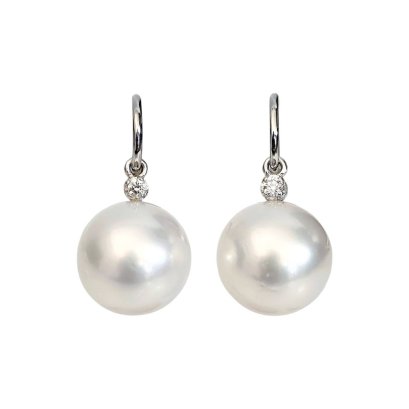 12.5 mm and 12.6 mm, White South Sea Pearl, Fish Hooks Diamond Dot Dangle Pearl Earrings