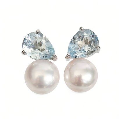 Approx. 8.0 mm, Akoya Pearl, Aquamarine Dark Dot Pearl Stud Earrings