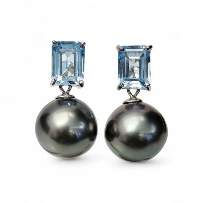 Approx. 12.0 mm, Tahitian Pearl, "Petra" Sky Blue Topaz Hook Dangle Pearl Stud Earrings